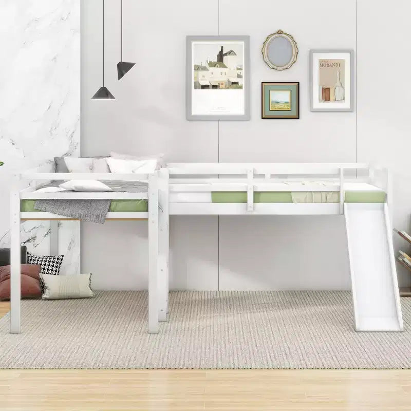 Lit superposé double en bois de taille simple avec toboggan, lit mezzanine en forme de L