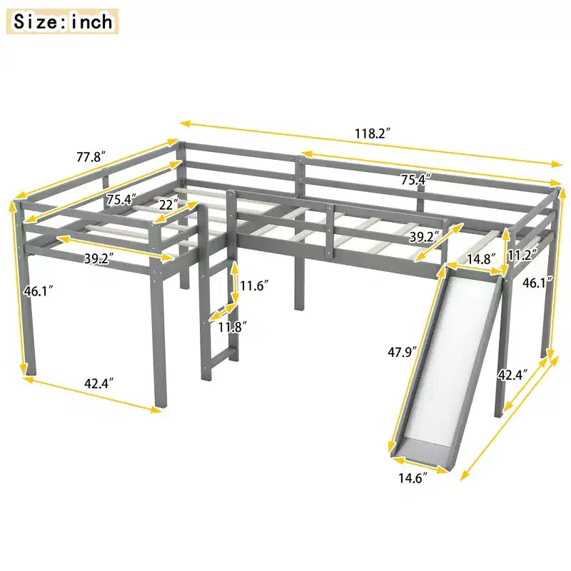 Lit superposé double en bois de taille simple avec toboggan, lit mezzanine en forme de L