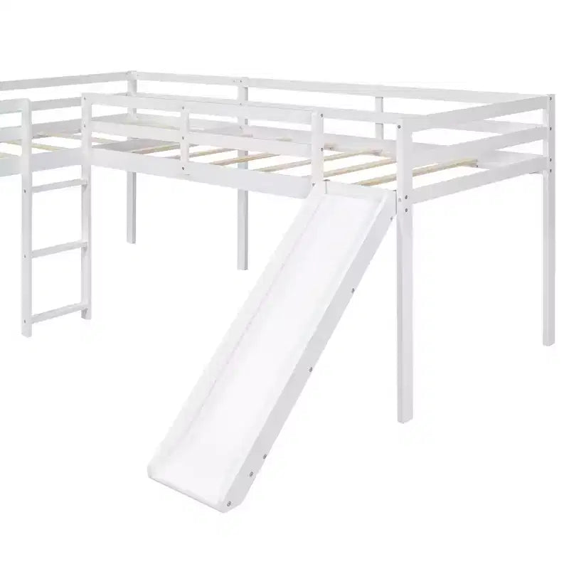 Lit superposé double en bois de taille simple avec toboggan, lit mezzanine en forme de L