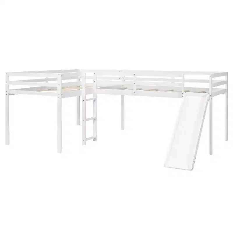 Lit superposé double en bois de taille simple avec toboggan, lit mezzanine en forme de L