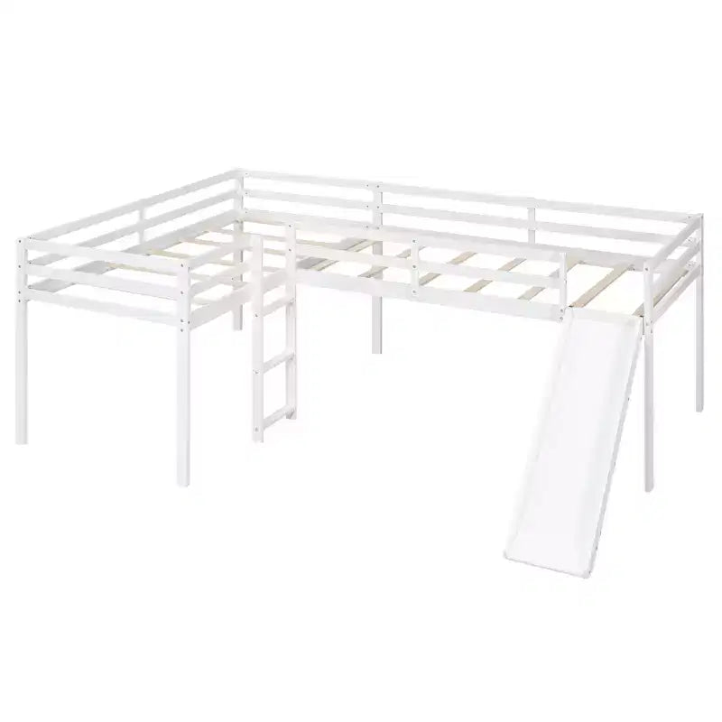 Lit superposé double en bois de taille simple avec toboggan, lit mezzanine en forme de L