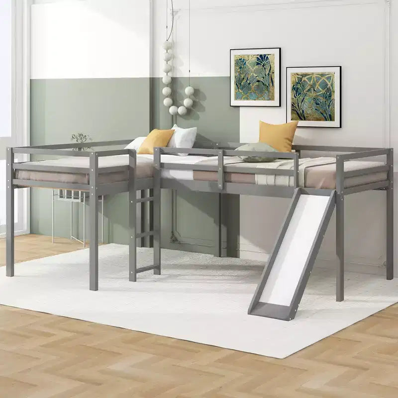 Lit superposé double en bois de taille simple avec toboggan, lit mezzanine en forme de L
