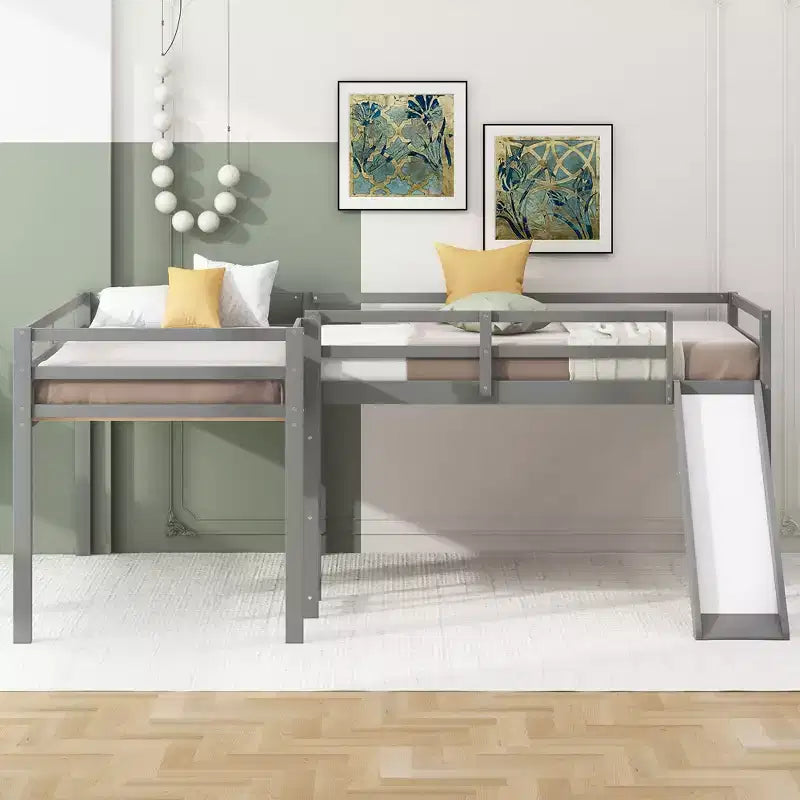 Lit superposé double en bois de taille simple avec toboggan, lit mezzanine en forme de L