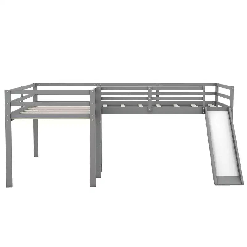 Lit superposé double en bois de taille simple avec toboggan, lit mezzanine en forme de L