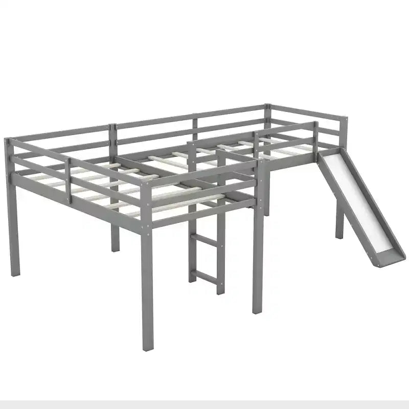 Lit superposé double en bois de taille simple avec toboggan, lit mezzanine en forme de L
