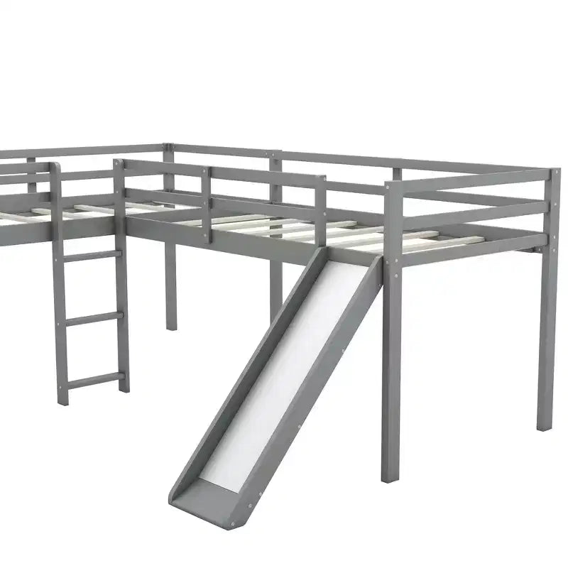Lit superposé double en bois de taille simple avec toboggan, lit mezzanine en forme de L