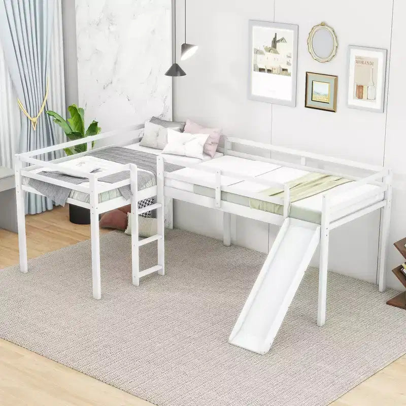 Lit superposé double en bois de taille simple avec toboggan, lit mezzanine en forme de L