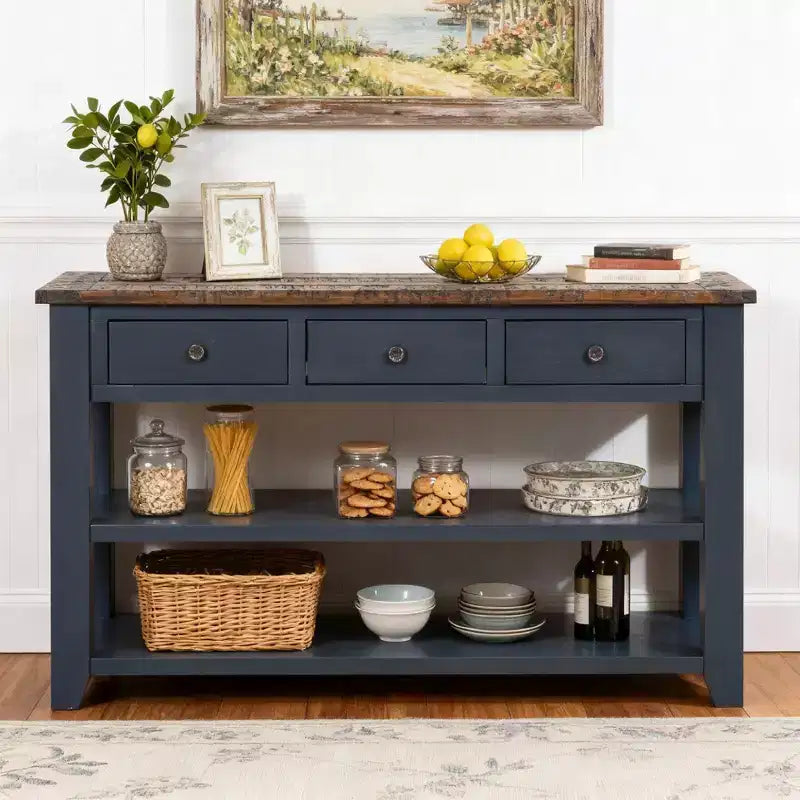 Hostack 48'' Solid Wood Top Console Table with 3 Storage Drawers and 2 Shelves, Blue