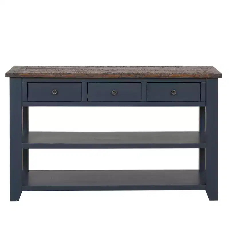 Table console à plateau en bois massif de 48 pouces avec 3 tiroirs de rangement et 2 étagères, bleu