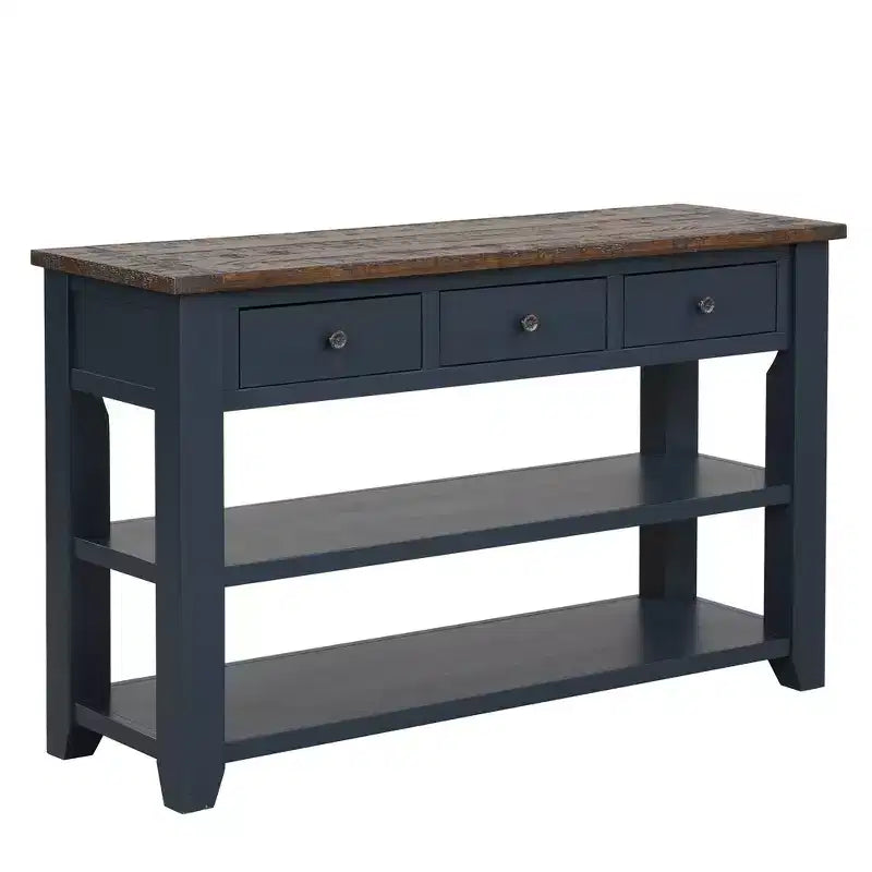 Table console à plateau en bois massif de 48 pouces avec 3 tiroirs de rangement et 2 étagères, bleu