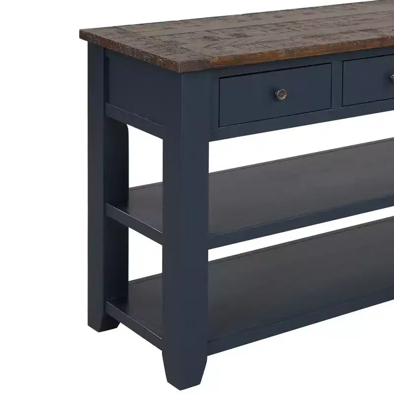 Table console à plateau en bois massif de 48 pouces avec 3 tiroirs de rangement et 2 étagères, bleu