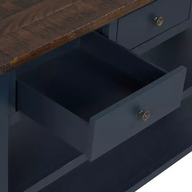 Table console à plateau en bois massif de 48 pouces avec 3 tiroirs de rangement et 2 étagères, bleu