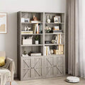 Acekool Farmhouse Bookcase with Doors, 6-Shelf 71.4 Tall Display & Storage Cabinet, Rustic Grey, 2-Pack