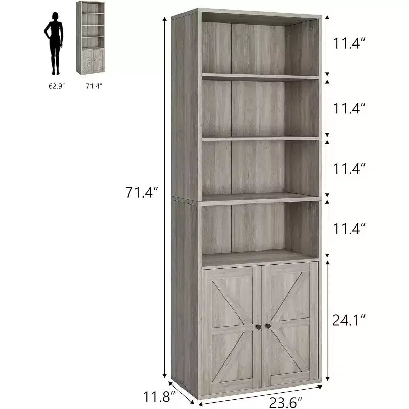Bibliothèque de ferme avec portes, armoire de rangement et de présentation à 6 étagères de 181 cm de haut