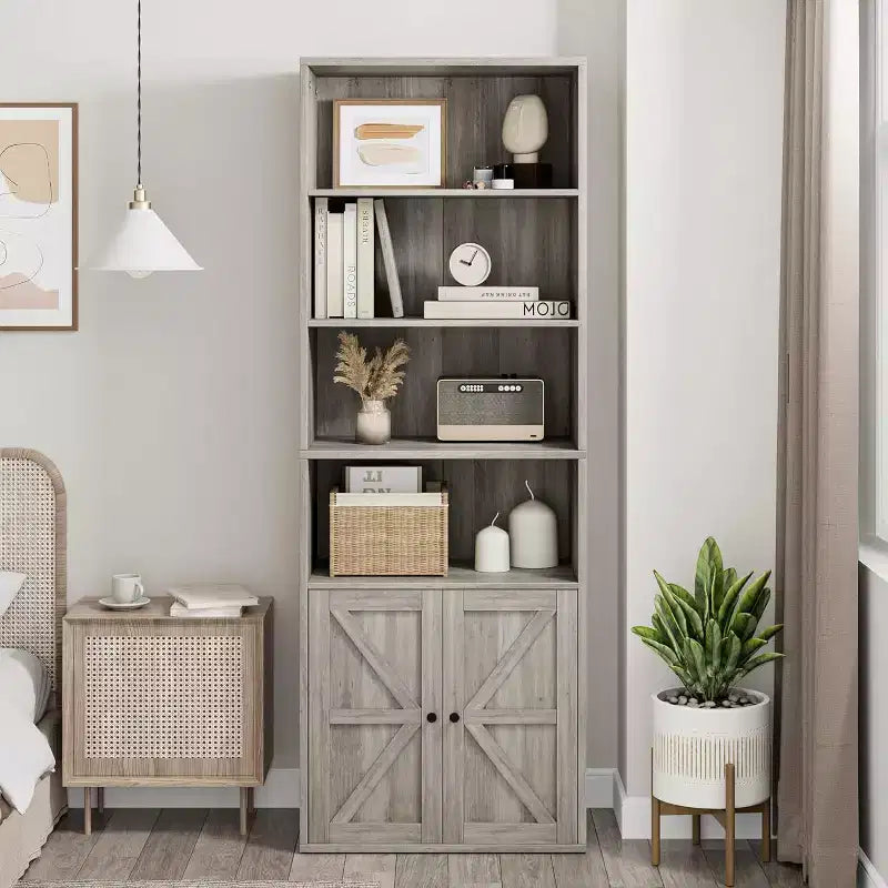 Bibliothèque de ferme avec portes, armoire de rangement et de présentation à 6 étagères de 181 cm de haut