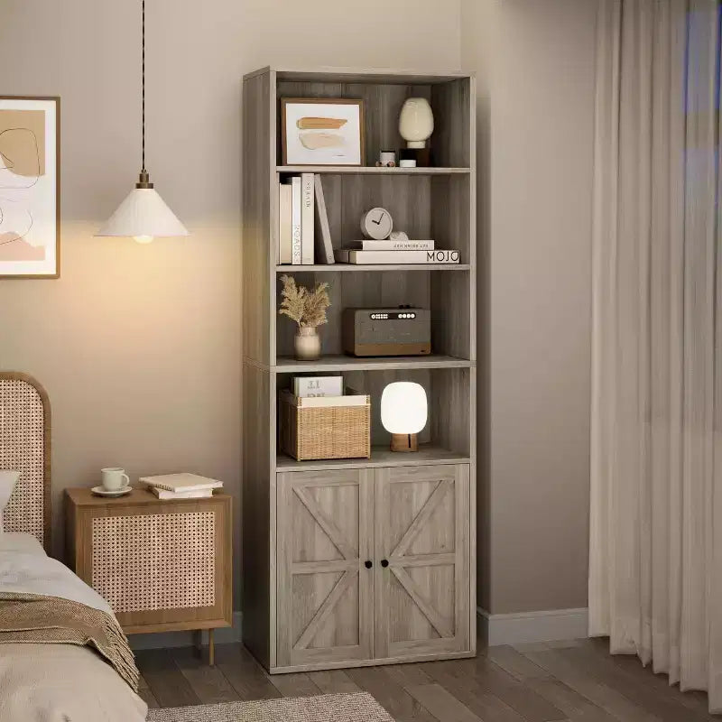 Bibliothèque de ferme avec portes, armoire de rangement et de présentation à 6 étagères de 181 cm de haut
