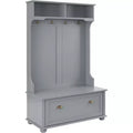 Acekool Gray Metal Hall Tree with Bench, Entryway Coat Rack Hooks & Open Storage Shelves, Compact Organizer for Entry