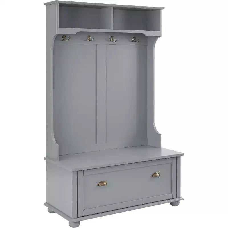 Acekool Gray Metal Hall Tree with Bench, Entryway Coat Rack Hooks & Open Storage Shelves, Compact Organizer for Entry