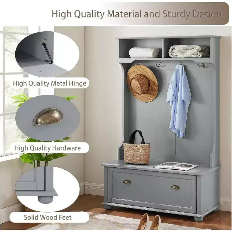 Porte-manteau d'entrée en métal gris avec banc de rangement compact