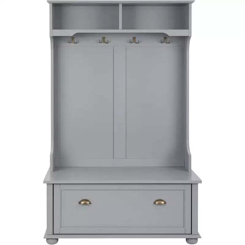 Porte-manteau d'entrée en métal gris avec banc de rangement compact