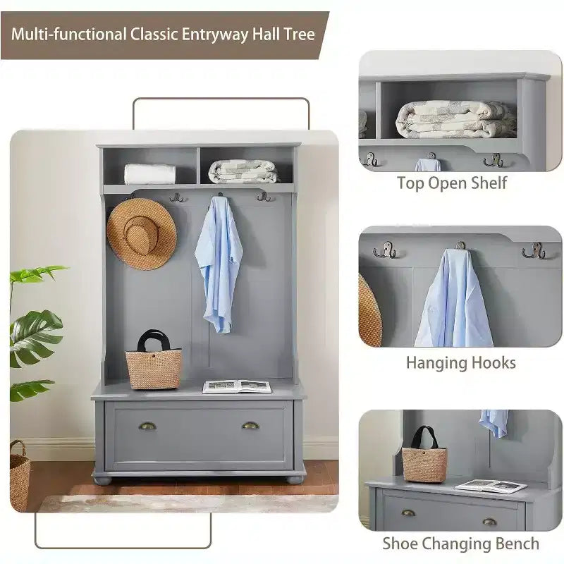 Porte-manteau d'entrée en métal gris avec banc de rangement compact
