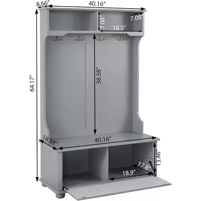 Porte-manteau d'entrée en métal gris avec banc de rangement compact