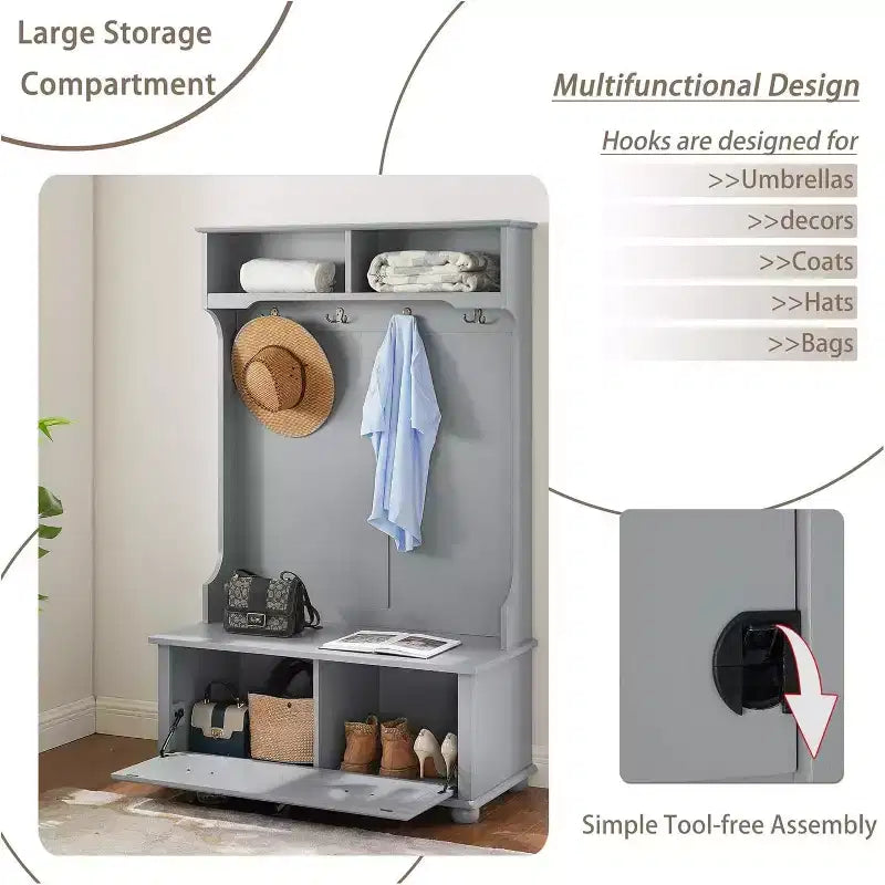 Porte-manteau d'entrée en métal gris avec banc de rangement compact