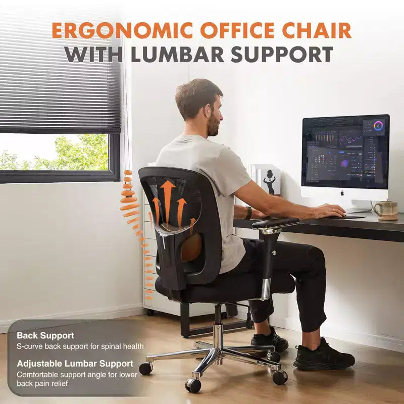 Chaise de bureau pivotante ergonomique moderne en maille avec accoudoirs et soutien lombaire