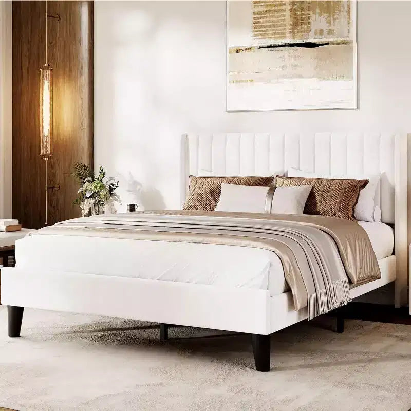 Acekool Bed Frame with Wingback Headboard, Upholstered Platform Bed, Vertical Channel Tufted, Wood Slats Support, No Box Spring Needed, White