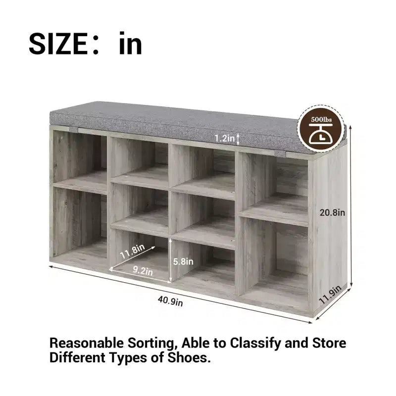 Banc à chaussures, banc à chaussures 10 casiers avec coussin, meuble à chaussures avec étagères réglables