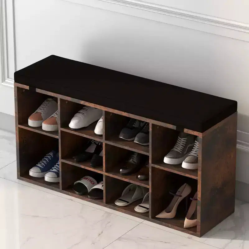 Banc à chaussures, banc à chaussures 10 casiers avec coussin, meuble à chaussures avec étagères réglables