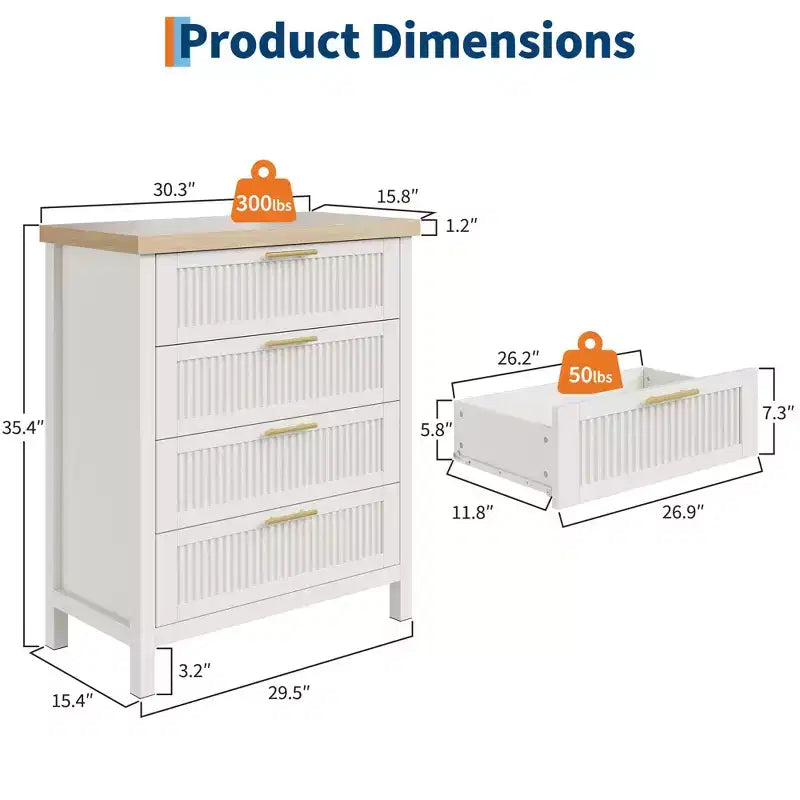 Commode haute de 89,9 cm pour chambre à coucher, avec 4 tiroirs cannelés et armoire de rangement pour vêtements