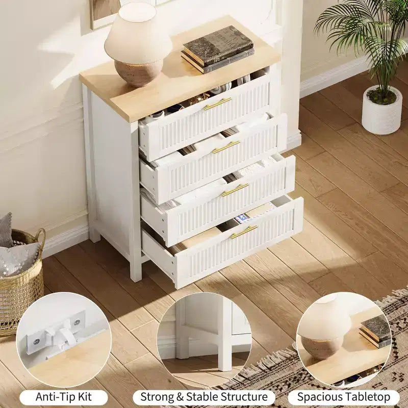 Commode haute de 89,9 cm pour chambre à coucher, avec 4 tiroirs cannelés et armoire de rangement pour vêtements