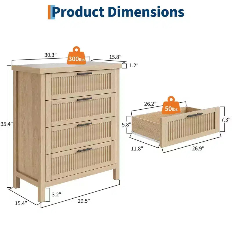 Commode haute de 89,9 cm pour chambre à coucher, avec 4 tiroirs cannelés et armoire de rangement pour vêtements