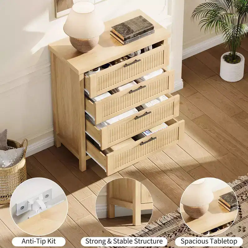 Commode haute de 89,9 cm pour chambre à coucher, avec 4 tiroirs cannelés et armoire de rangement pour vêtements