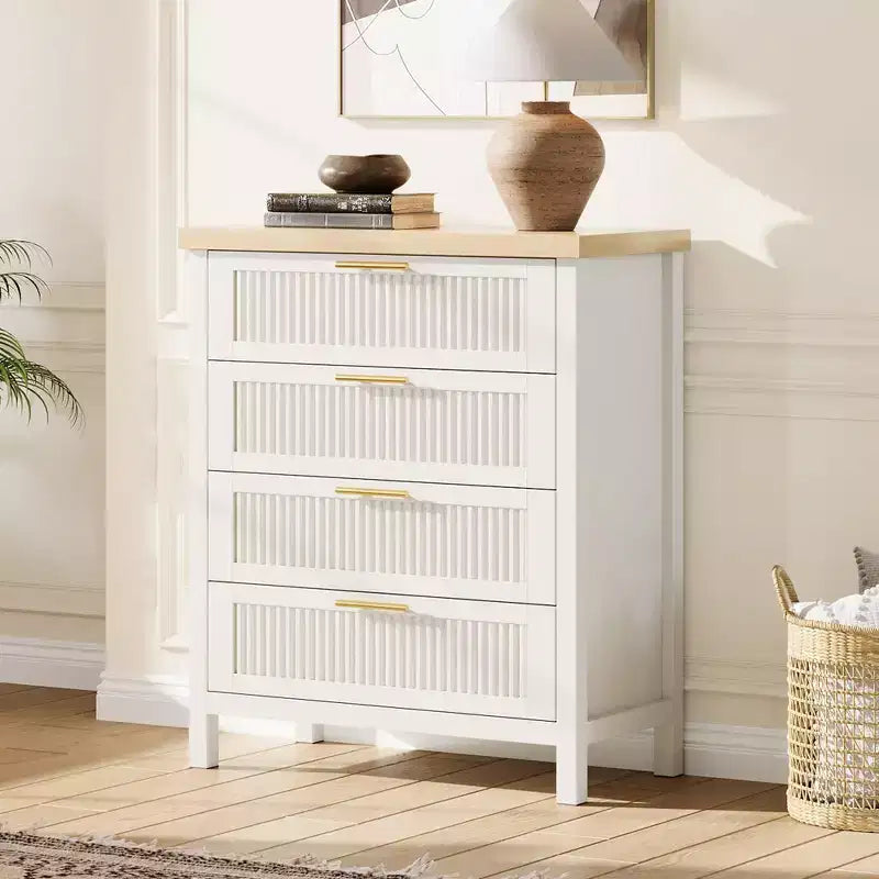Commode haute de 89,9 cm pour chambre à coucher, avec 4 tiroirs cannelés et armoire de rangement pour vêtements