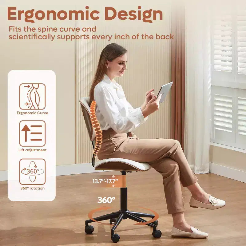 Chaise de bureau à roulettes ergonomique sans accoudoirs pour la maison, siège confortable avec support lombaire