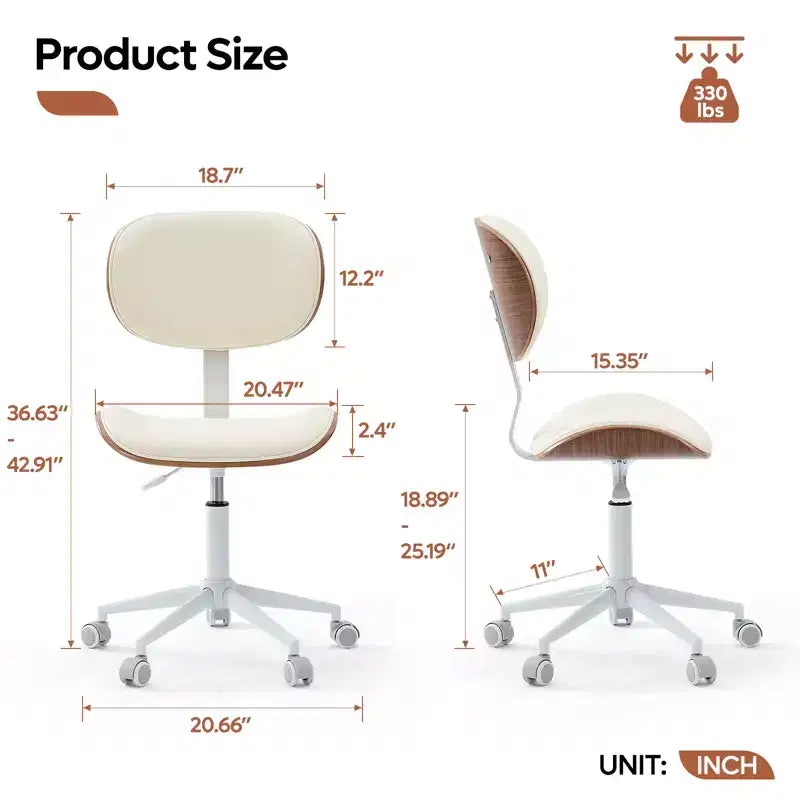 Chaise de bureau à roulettes ergonomique sans accoudoirs pour la maison, siège confortable avec support lombaire