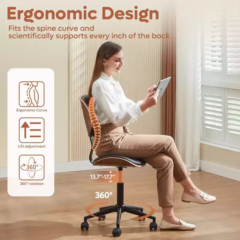 Chaise de bureau à roulettes ergonomique sans accoudoirs pour la maison, siège confortable avec support lombaire