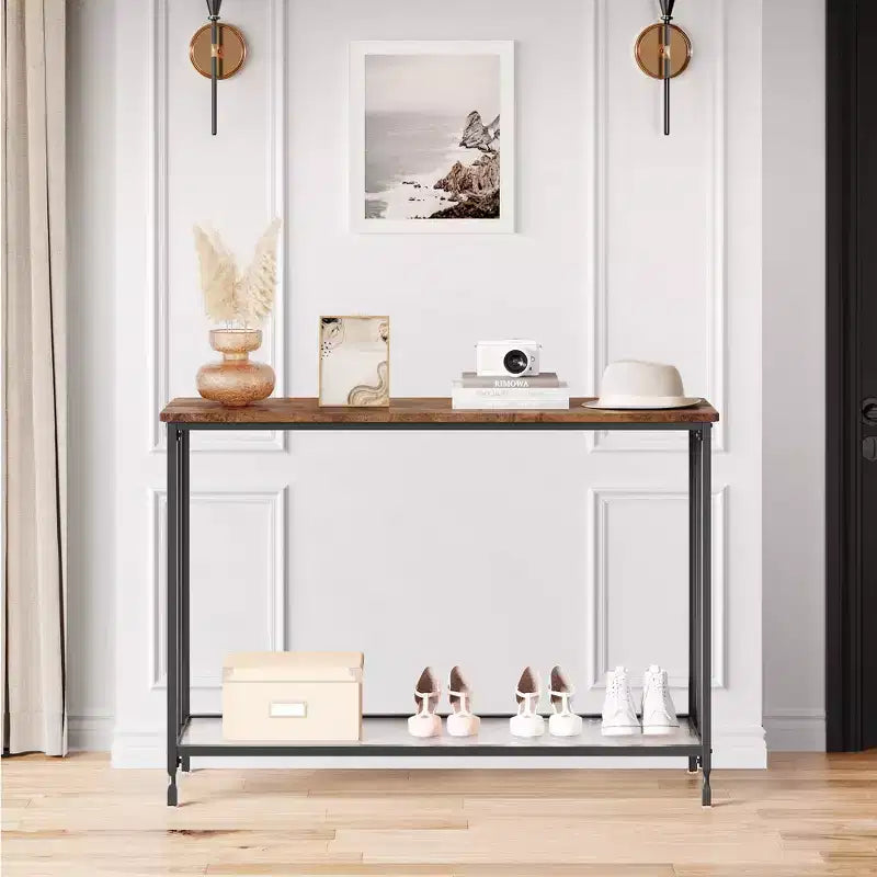 Console de 33,5 pouces de large, Table d'entrée étroite, Console étroite, Table d'appoint derrière un canapé, Table d'appoint avec étagère en verre et cadre en métal