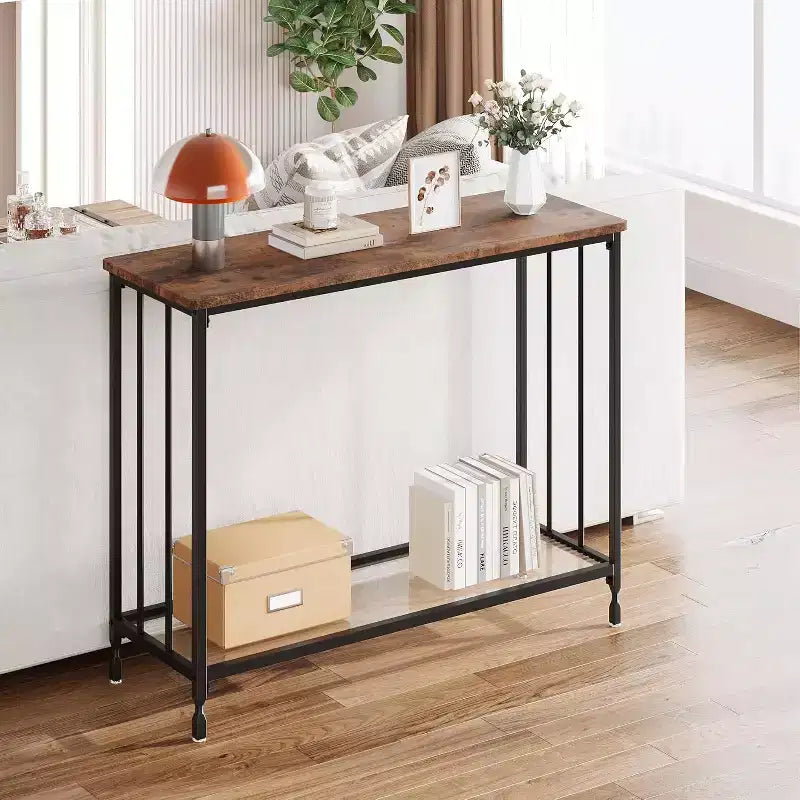 Console de 33,5 pouces de large, Table d'entrée étroite, Console étroite, Table d'appoint derrière un canapé, Table d'appoint avec étagère en verre et cadre en métal