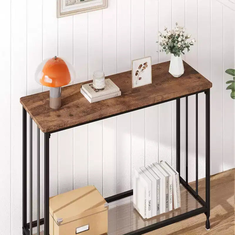 Console de 33,5 pouces de large, Table d'entrée étroite, Console étroite, Table d'appoint derrière un canapé, Table d'appoint avec étagère en verre et cadre en métal