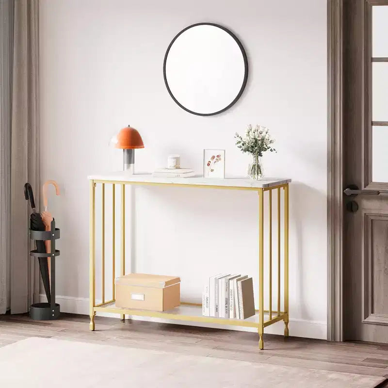 Console de 33,5 pouces de large, Table d'entrée étroite, Console étroite, Table d'appoint derrière un canapé, Table d'appoint avec étagère en verre et cadre en métal