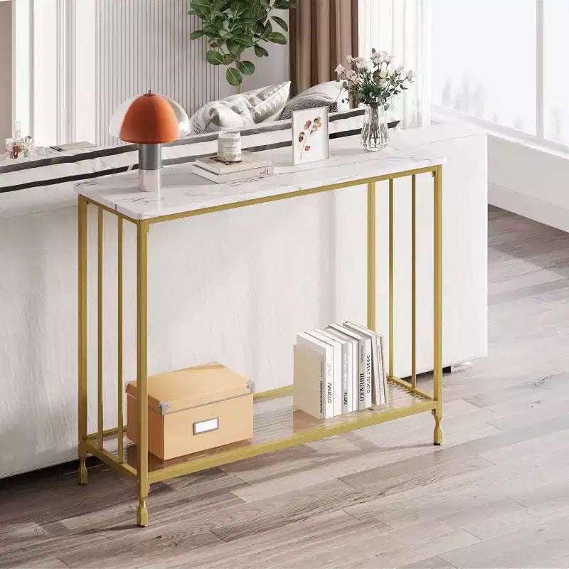 33.5in Wide Console Table, Narrow Entryway Table, Narrow Console Table, Behind Couch Table, End Table with Glass Shelf and Metal Frame