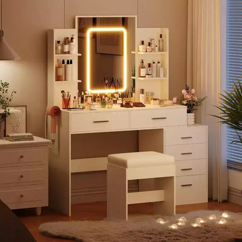 Coiffeuse moderne, Ensemble coiffeuse de maquillage avec 6 tiroirs et étagères, Coiffeuse avec tabouret pour chambre à coucher