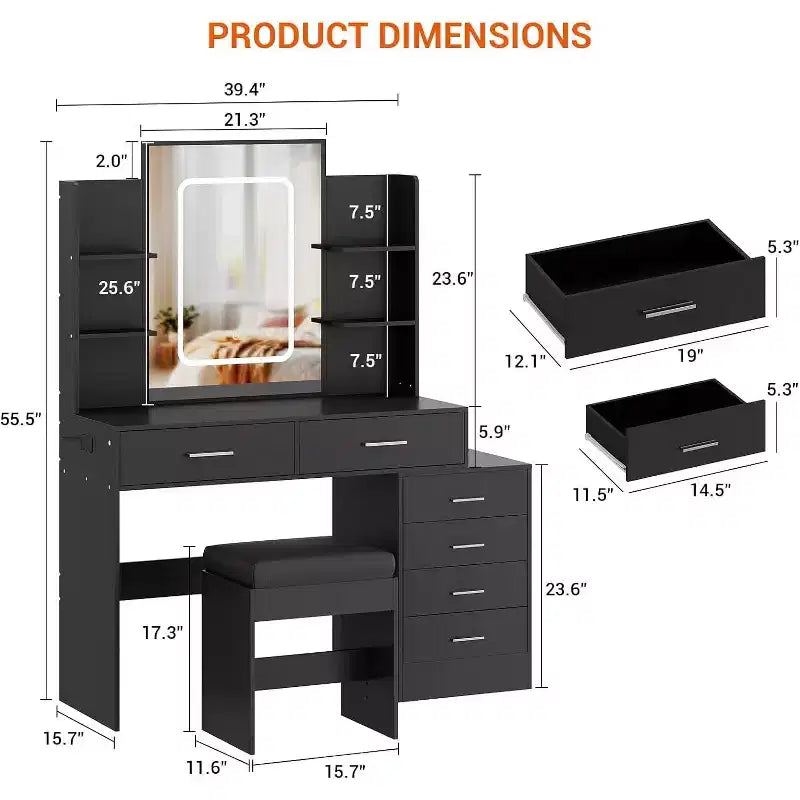 Coiffeuse moderne, Ensemble coiffeuse de maquillage avec 6 tiroirs et étagères, Coiffeuse avec tabouret pour chambre à coucher