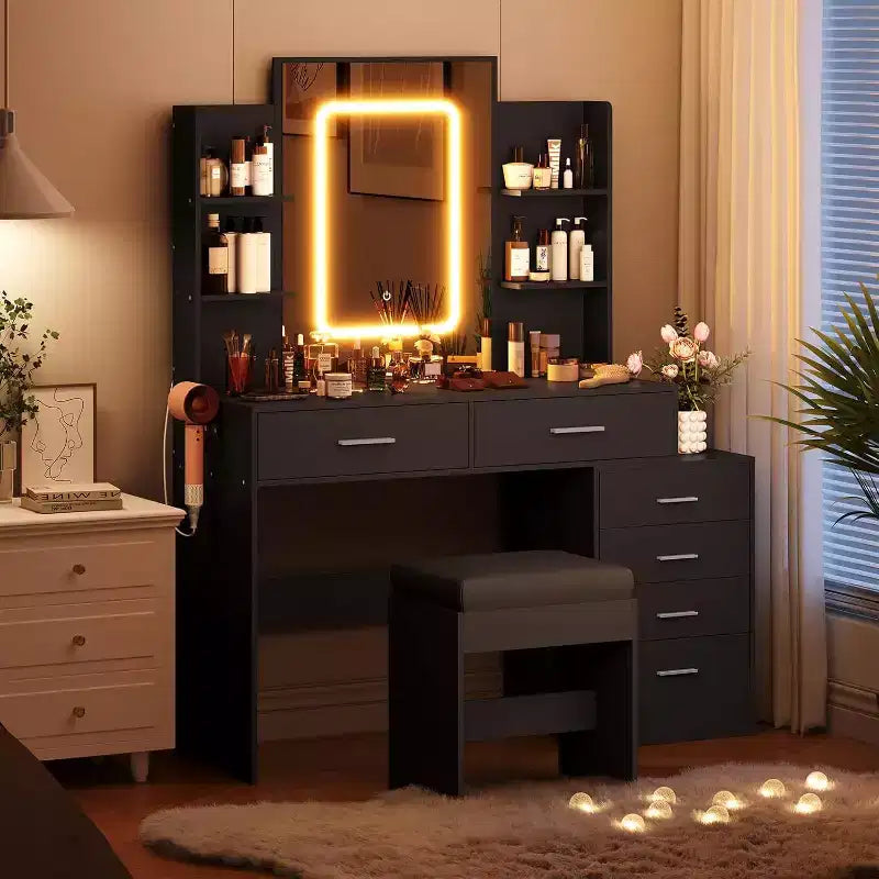Coiffeuse moderne, Ensemble coiffeuse de maquillage avec 6 tiroirs et étagères, Coiffeuse avec tabouret pour chambre à coucher