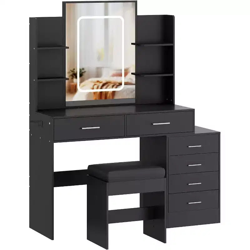 Coiffeuse moderne, Ensemble coiffeuse de maquillage avec 6 tiroirs et étagères, Coiffeuse avec tabouret pour chambre à coucher