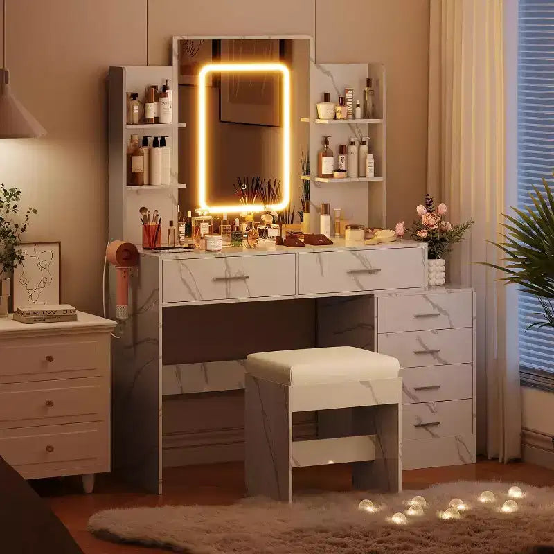 Coiffeuse moderne, Ensemble coiffeuse de maquillage avec 6 tiroirs et étagères, Coiffeuse avec tabouret pour chambre à coucher