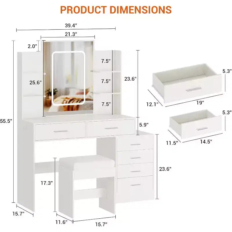Coiffeuse moderne, Ensemble coiffeuse de maquillage avec 6 tiroirs et étagères, Coiffeuse avec tabouret pour chambre à coucher